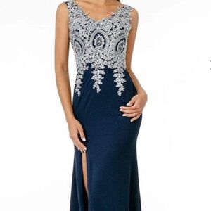 Elizabeth K - GL1839 Appliqued Bodice High Slit Long Dress